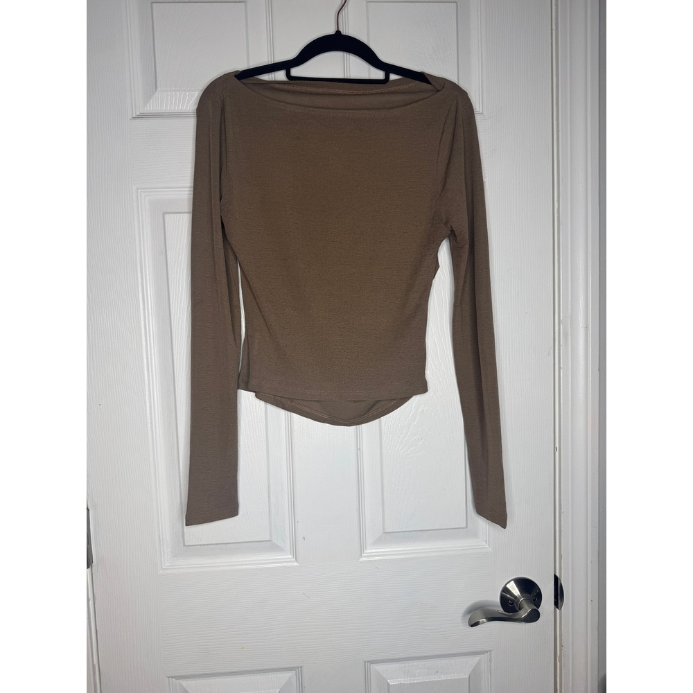 Commense Brown Boatneck Long Sleeve Blouse Slinky Size L‎